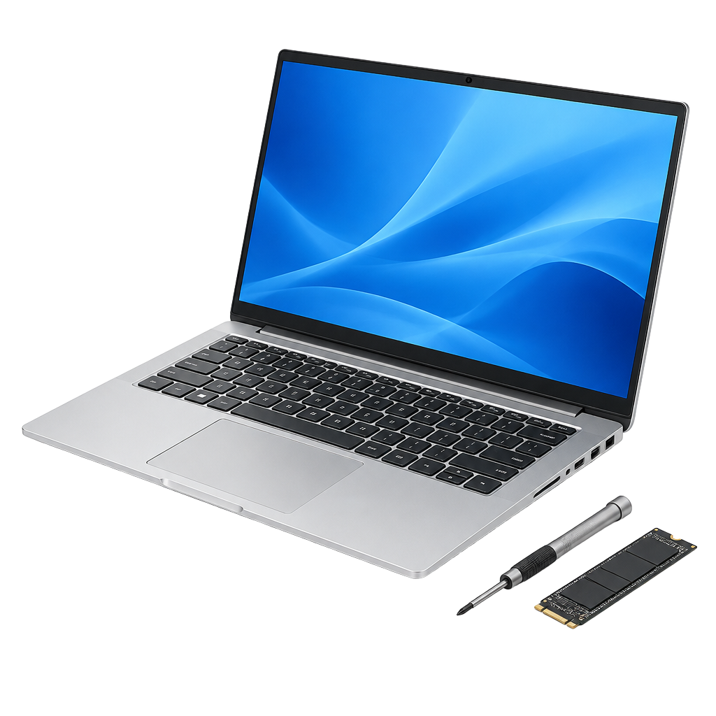 Zilveren laptop met SSD en precisieschroevendraaier