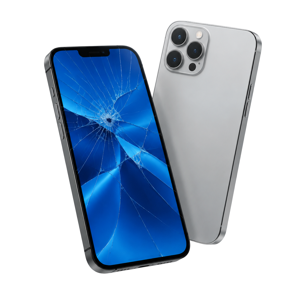 Een smartphone met gebarsten scherm naast een zilveren telefoon